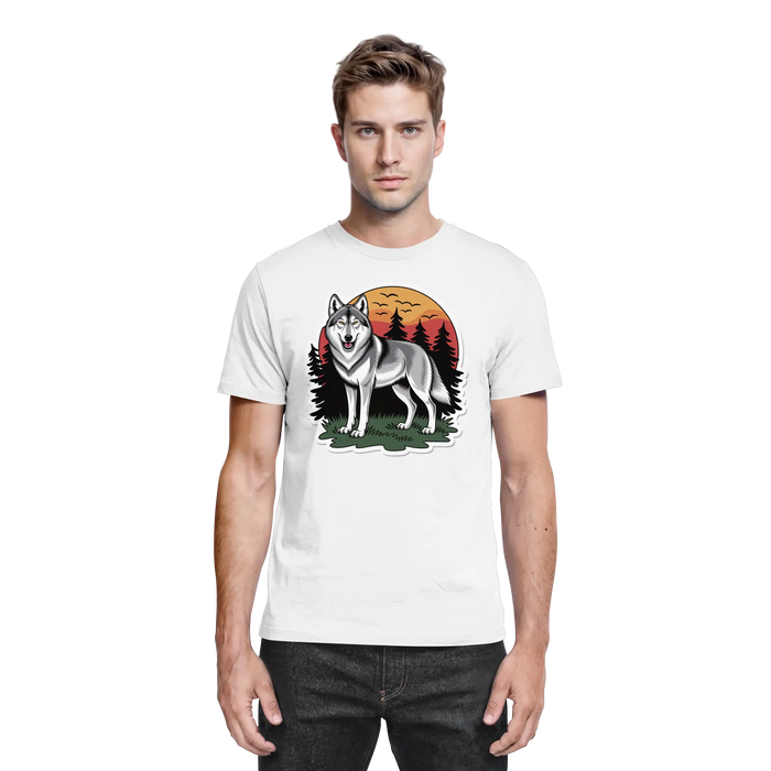 White Arvenzo Lone Dusk unisex shirt with a front design, made from premium fabric, shown from the front view.