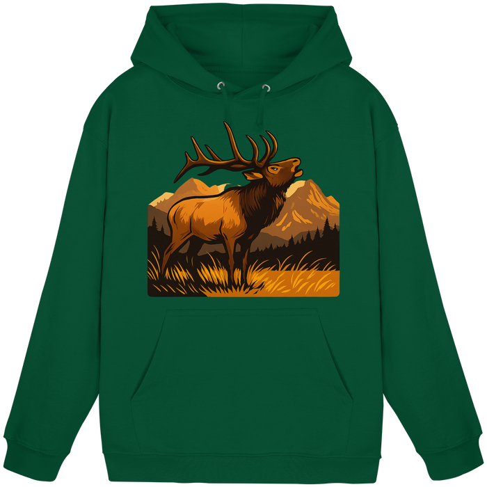 Front view of Arvenzo Elk Meadow hoodie in bottle green, unisex design with a simple, comfortable fit.