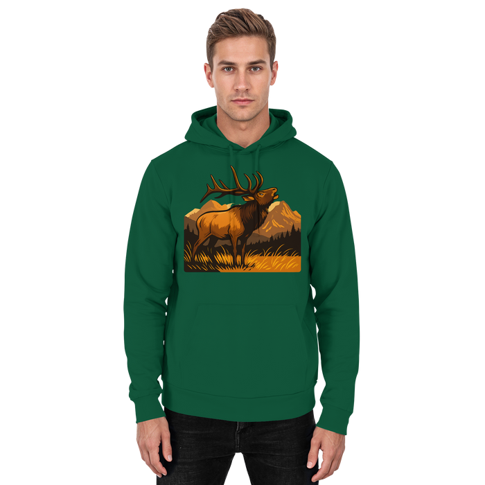 Front view of Arvenzo Elk Meadow Hoodie in bottle green, a unisex hoodie with a simple, comfortable design.