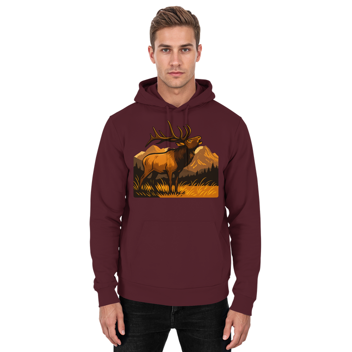Unisex burgundy Elk Meadow Hoodie by Arvenzo, front view showing a comfortable casual hoodie with a front pocket.