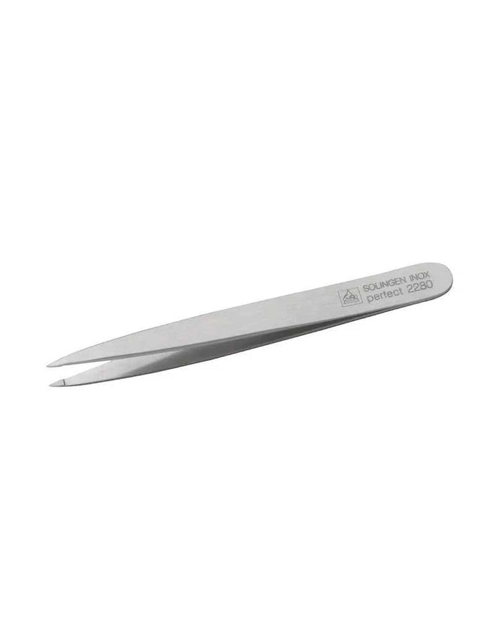 A stainless steel pointed tip tweezer, with 'ERBE SOLINGEN' branding, on a white background.