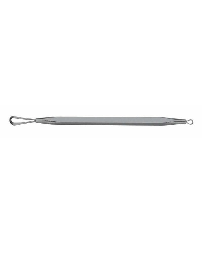 A stainless steel blackhead remover with dual-ended design, featuring loops of different sizes.