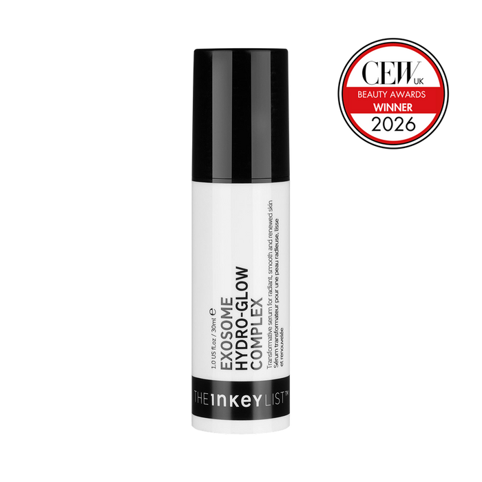 The Inkey List Exosome Flow Complex serum in a white and black cylindrical bottle, shown alongside a red and white CEW UK Beauty Awards Winner 2026 badge on a plain white background.