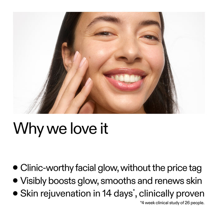 Woman with glowing skin after using INKEY List Exosome Glow Serum — 63% skin renewal in 8 hours