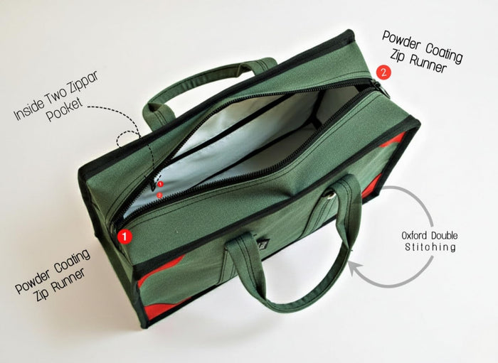 Extra Heavy Duty Canvas Tool Bag – ProMax Industrial Tool Storage Bag with 2 Inner Zipper Pockets (Green)