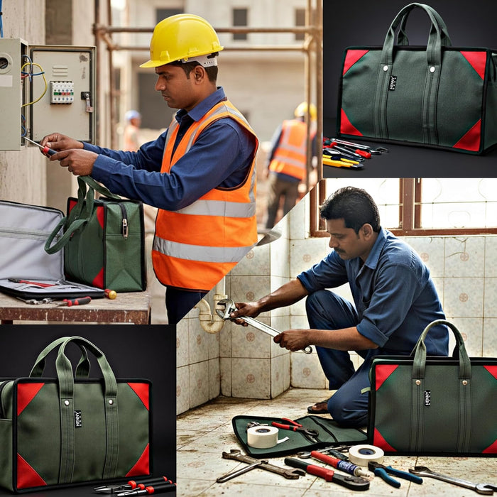 Extra Heavy Duty Canvas Tool Bag – ProMax Industrial Tool Storage Bag with 2 Inner Zipper Pockets (Green)