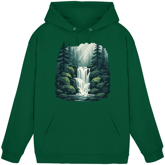 Bottle green Fall Creek hoodie by Arvenzo, front view showing a classic unisex hoodie design with a hood and front pocket.