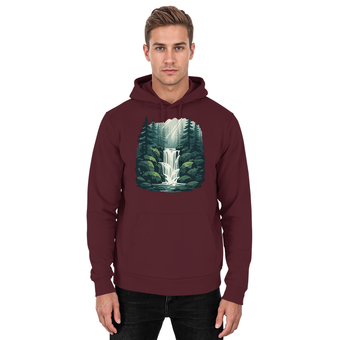Front view of a unisex burgundy Fall Creek Hoodie by Arvenzo, showcasing its casual fit and soft fabric.
