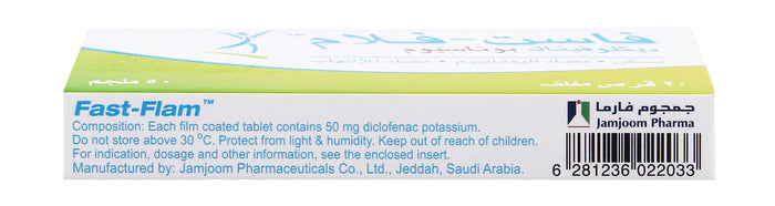 Fast-Flam 50mg Diclofenac Potassium Analgesic, Anti-Inflammatory & Antirheumatic, 20 Tablets - Makkah Pharmacy