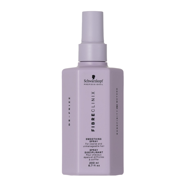 Schwarzkopf Fibreclinix Smoothing Spray in a light purple bottle on a white background