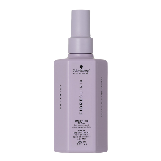 Schwarzkopf Fibreclinix Smoothing Spray in a light purple bottle on a white background