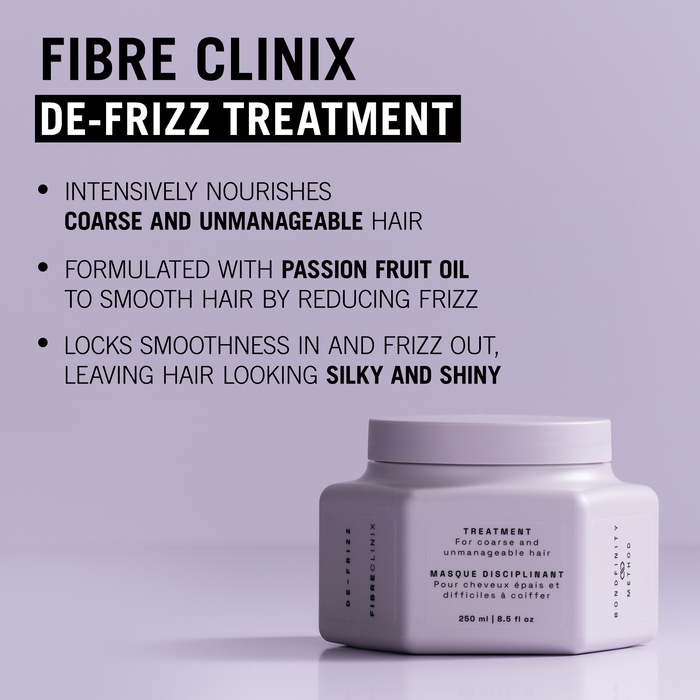 Fibre Clinix de-frizz treatment jar with with benefit text for coarse and unmanageable hair on a light purple background.