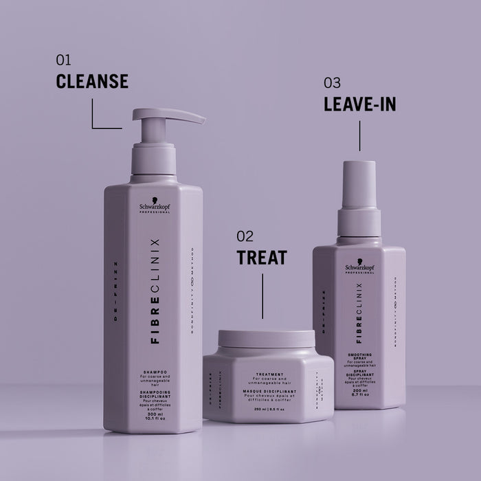 Fibre Clinix de-frizz shampoo, treatment masque, and spray conditioner shown as a three-step hair care routine.