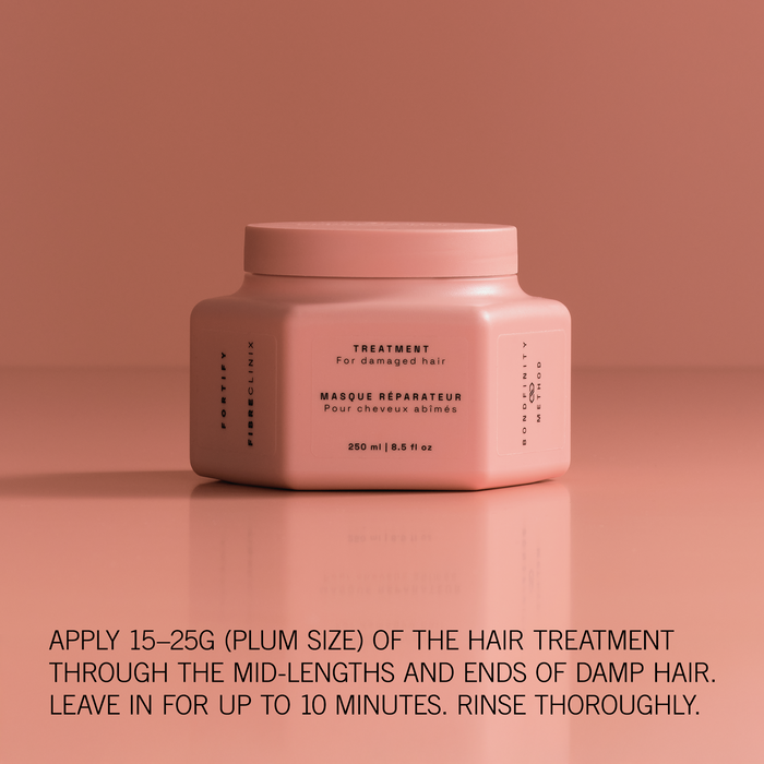 Fibre Clinix Fortify Treatment Masque on a light orange background with application text along the bottom