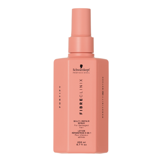 Fibre Clinix Fortify Multi-repair spray in a light orange bottle on a white background