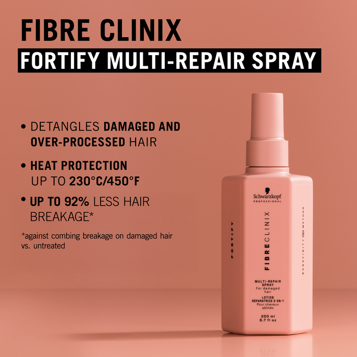 Fibre Clinix Fortify Multi-repair spray with repair benefit text for damaged and over-processed hair
