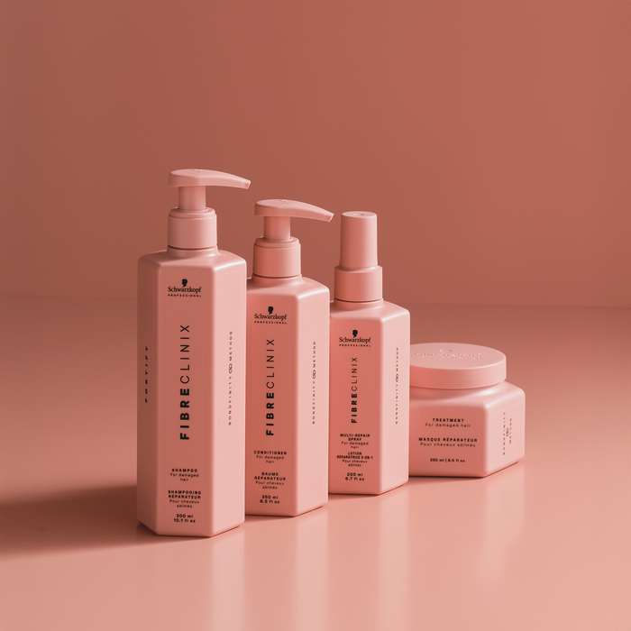 Fibre Clinix Fortify shampoo, conditioner,, multi-repair spray, treatment masque displayed in a row