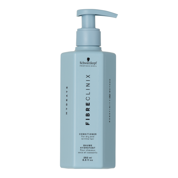 Fibre Clinix Hydrate Conditioner in a light blue pump bottle on a white background