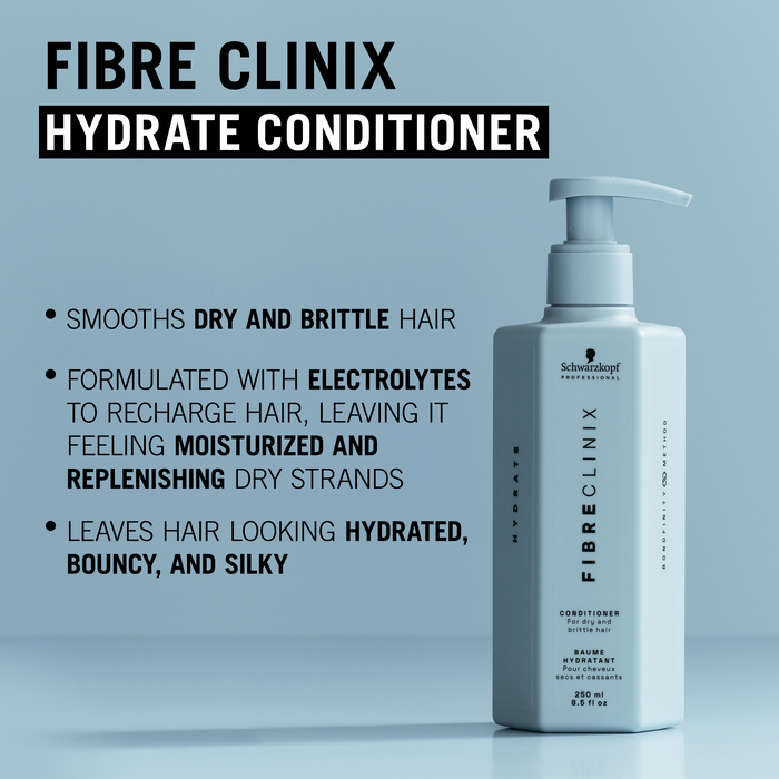 Fibre Clinix Conditioner with hydration benefit text for dry and brittle hair