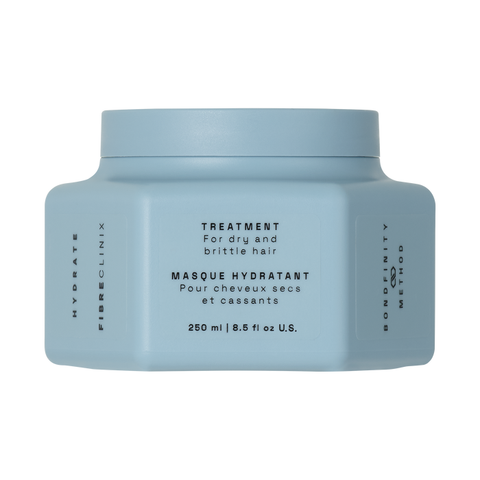 Fibre Clinix Hydrate Treatment masque in a light blue jar on a white background