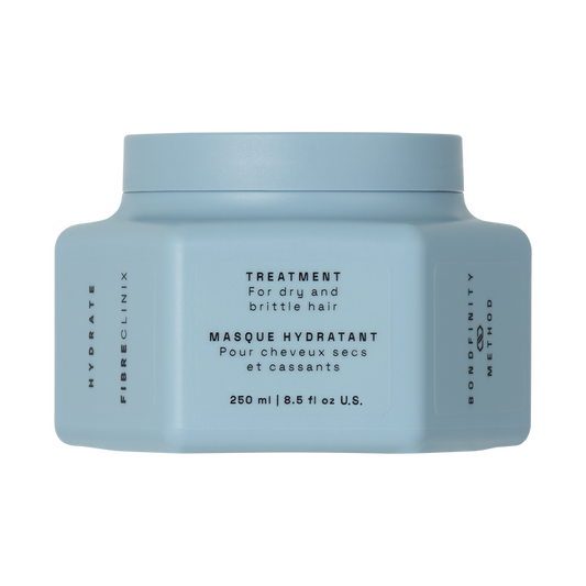 Fibre Clinix Hydrate Treatment masque in a light blue jar on a white background