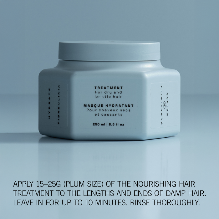 Fibre Clinix Treatment Masque on a light blue background with application text along the bottom
