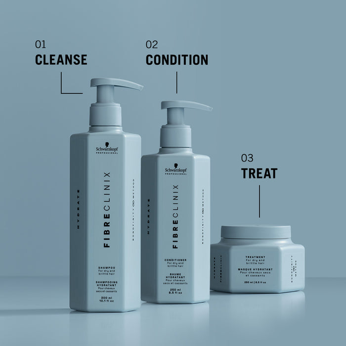 Fibre Clinix Hydrate shampoo, conditioner, treatment masque, shown as a three-step hair care routine.