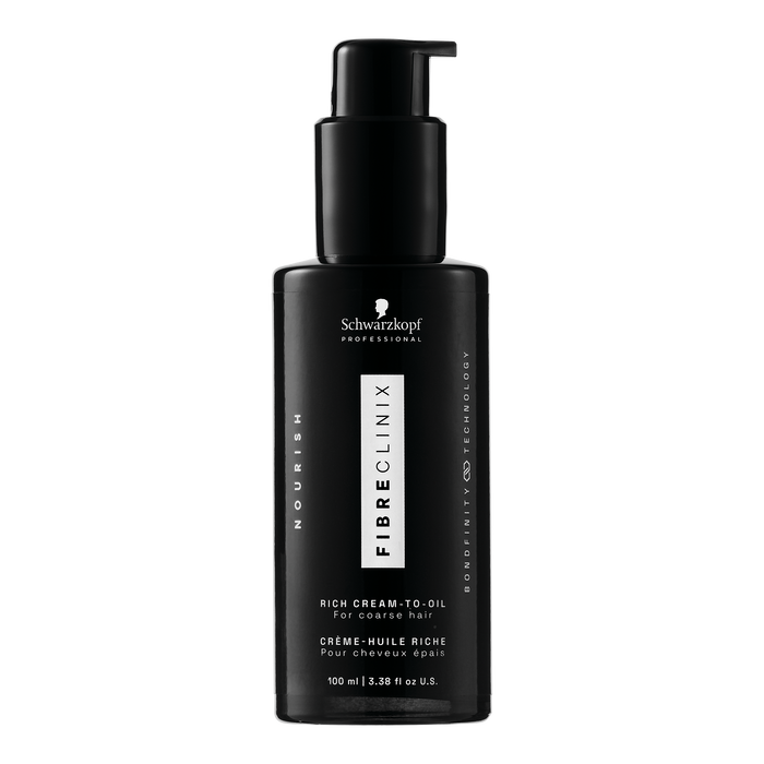 Black pump bottle of Schwarzkopf Fibre Clinix product on a white background