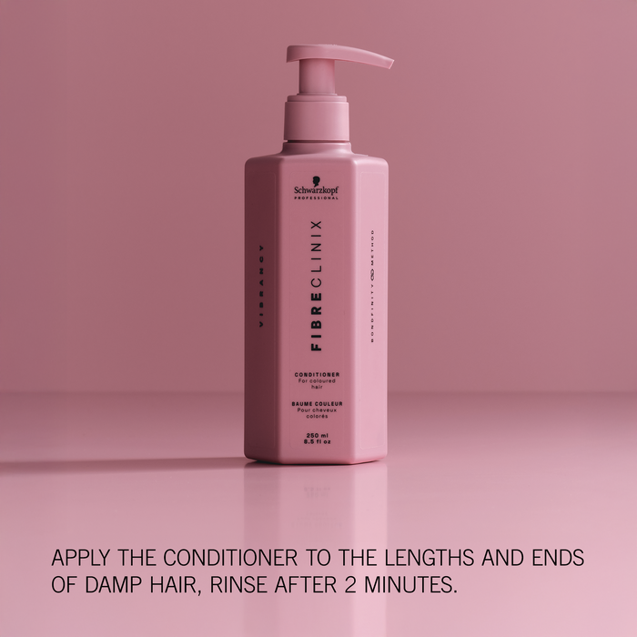 Fibre Clinix Vibrancy Conditioner on a light pink background with application text along the bottom