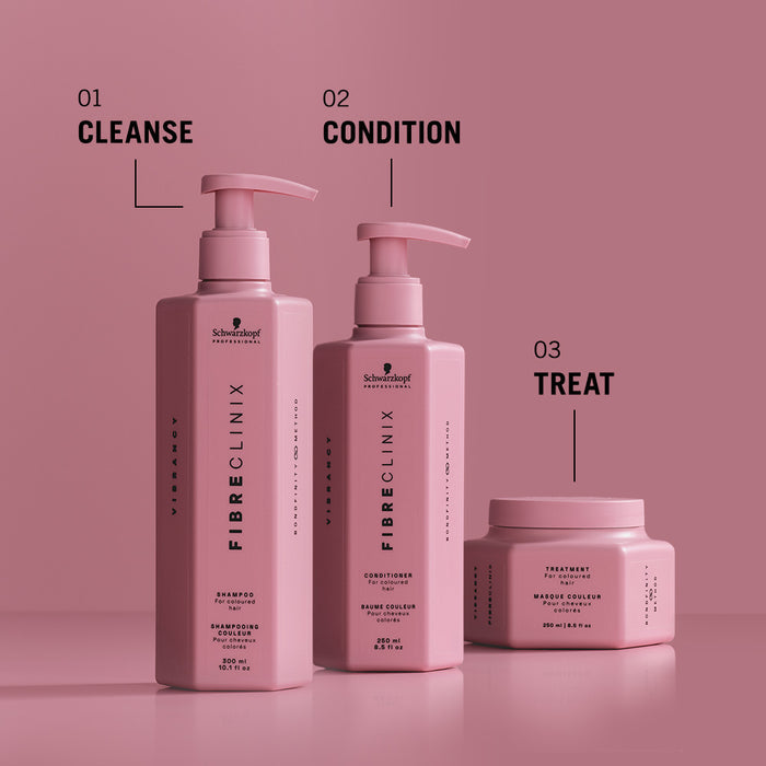Fibre Clinix Vibrancy shampoo, conditioner, treatment masque, shown as a three step hair care routine.