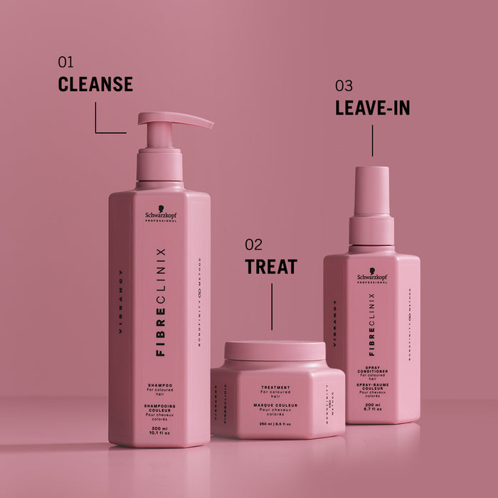 Fibre Clinix Vibrancy shampoo, treatment masque, spray conditioner shown as a three step hair care routine.