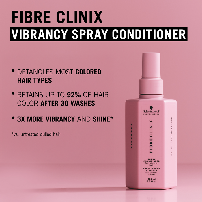 Fibre Clinix Vibrancy Leave in spray conditioner with benefit text for coloured hair