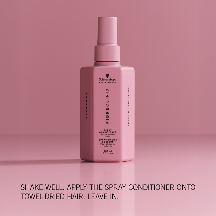 Fibre Clinix Vibrancy spray conditioner on a light pink background with application text along the bottom