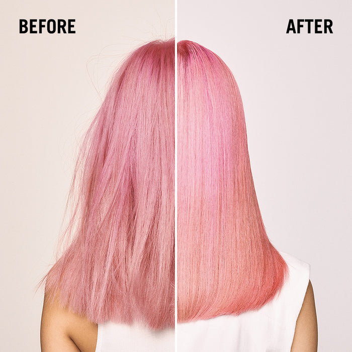 Before and after comparison of pink hair color on a plain background