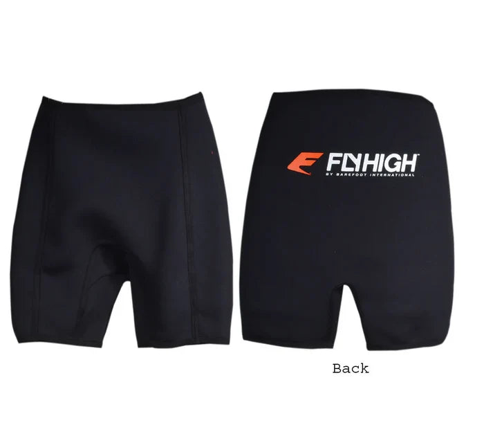 Front and back view of black shorts with FlyHigh logo.