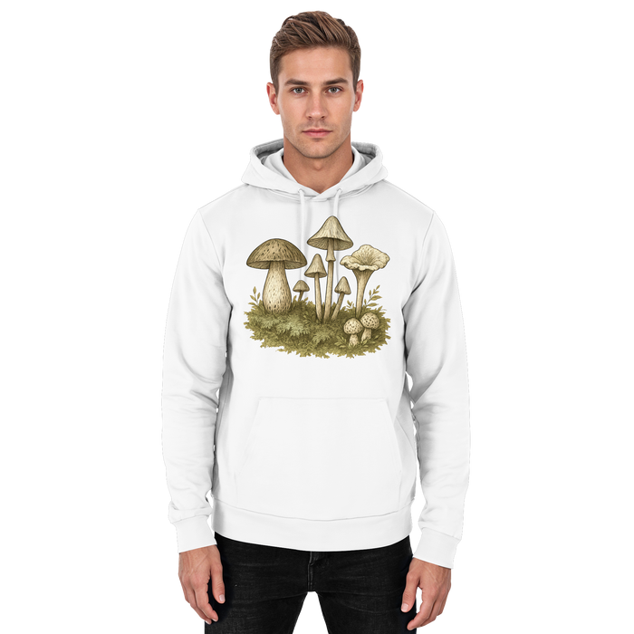 Arvenzo Forest Floor Hoodie in Arctic White, unisex front view showing cozy hoodie with forest-themed design and comfortable fit.