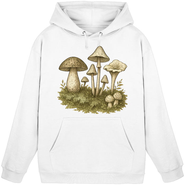 Arvenzo Forest Floor Hoodie in Arctic White, unisex front view showing cozy, casual hoodie with forest-inspired design.
