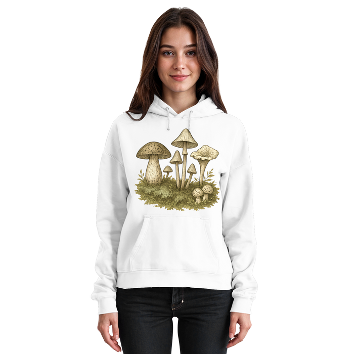 Arvenzo Forest Floor Hoodie in Arctic White, front view showcasing unisex casual hoodie with forest-themed design.