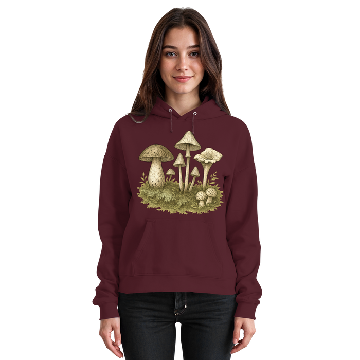 Front view of burgundy Arvenzo Forest Floor Hoodie, unisex casual hoodie with forest-themed design and comfortable fit.