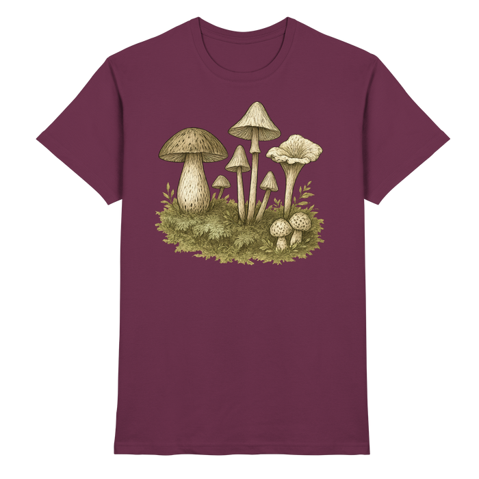 Arvenzo Forest Floor unisex shirt in burgundy, featuring a detailed nature-inspired forest design on the front.