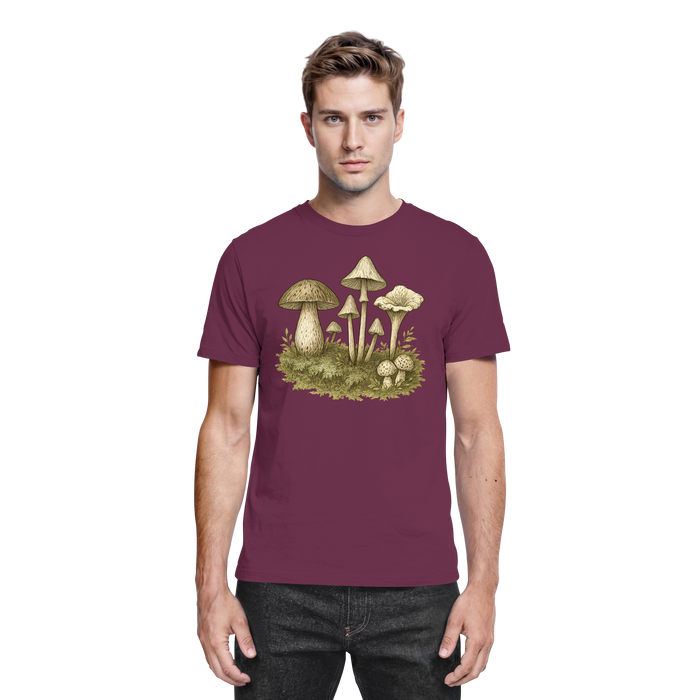 Front view of Arvenzo Forest Floor unisex shirt in burgundy with forest-themed print and casual fit.