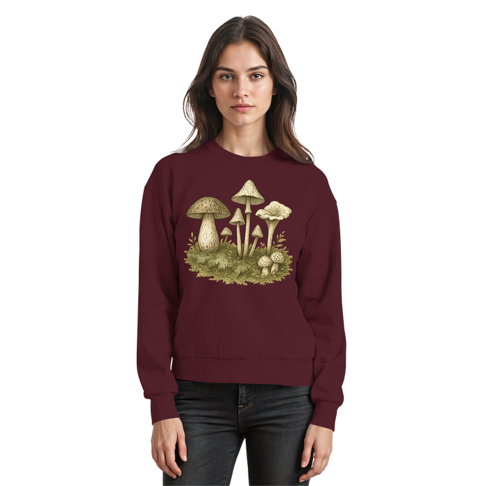 Arvenzo Forest Floor sweatshirt in burgundy, front view showing a cozy, casual sweatshirt with forest-themed design.