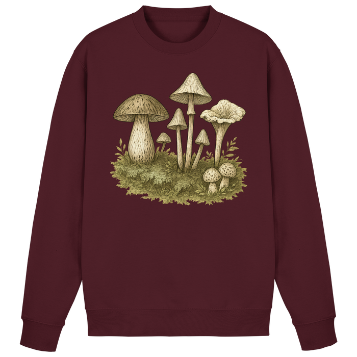 Arvenzo Forest Floor sweatshirt in burgundy, front view showing a comfortable casual sweatshirt with forest-themed design.