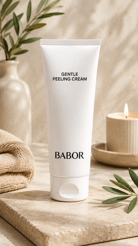 BABOR Gentle Peeling Cream in eleganter weißer Tube vor warmem Spa-Hintergrund mit Naturstein, sanften Beige- und Cremetönen, Kerze und grünen Blättern. Hochwertige Beauty-Produktinszenierung mit cleanem Luxus-Look und entspannender Wellness-Atmosphäre