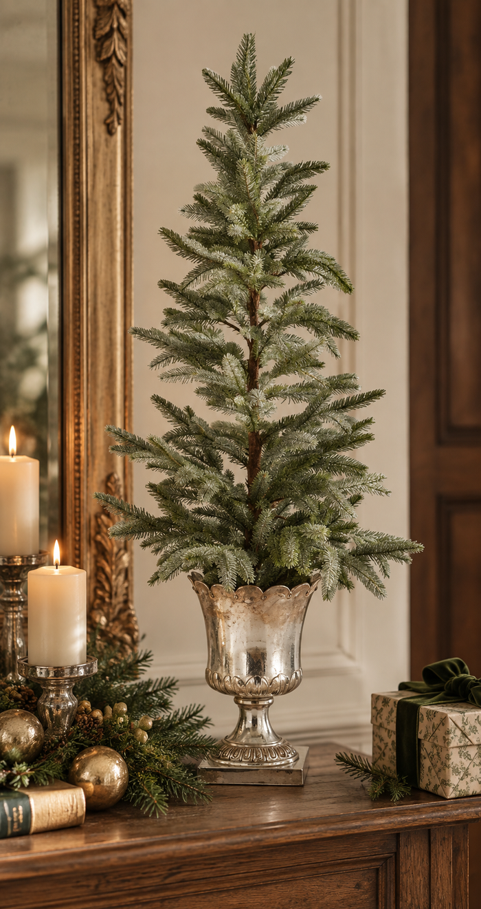 Glittered Pine in Silver Urn