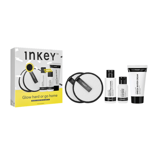 Inkey skincare product set with packaging on a white background
