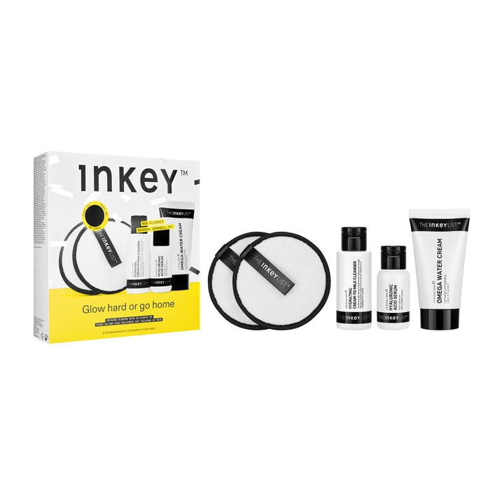 Inkey skincare product set with packaging on a white background