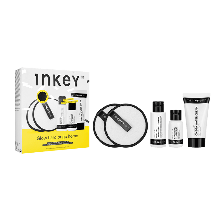 Inkey skincare product set with packaging on a white background