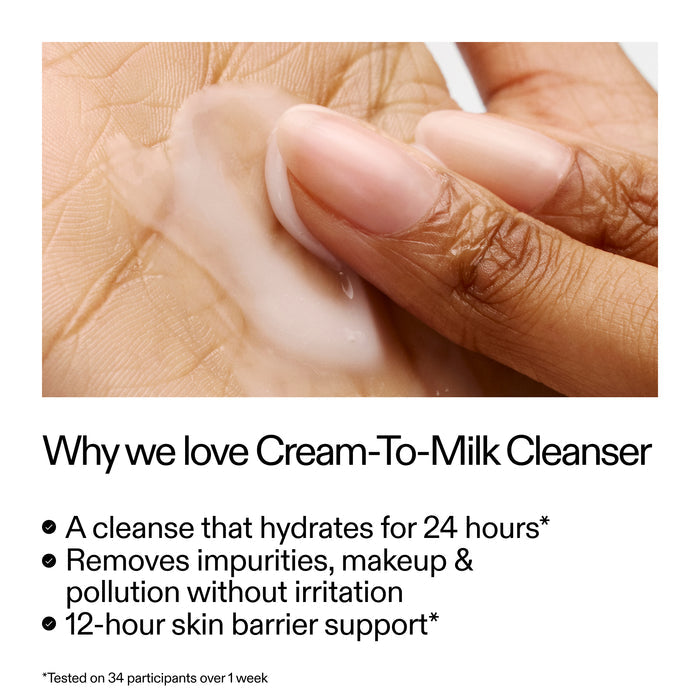Hand applying cream to skin with text about Cream-To-Milk Cleanser benefits