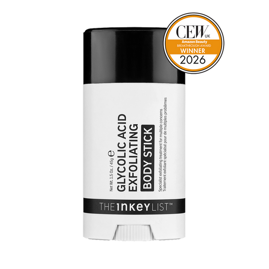 The Inkey List Glycolic Acid Exfoliating Body Stick in a white and black container, featuring a gold CEW 2026 award seal in the top right corner.